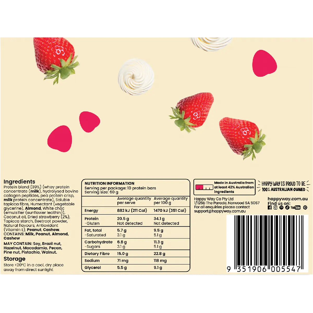 Happy Way Whey Protein Bar Strawberry Cream 10x60g — back of pack and product information