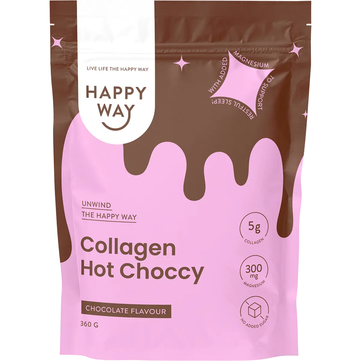Happy Way Collagen Hot Choccy 360g — front pack image (UHP)