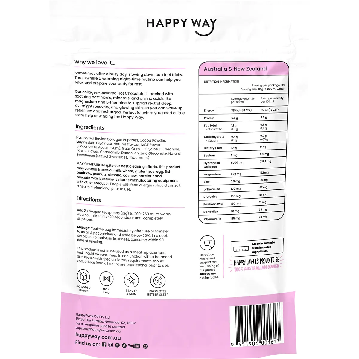 Happy Way Collagen Hot Choccy 360g — back pack image (UHP)