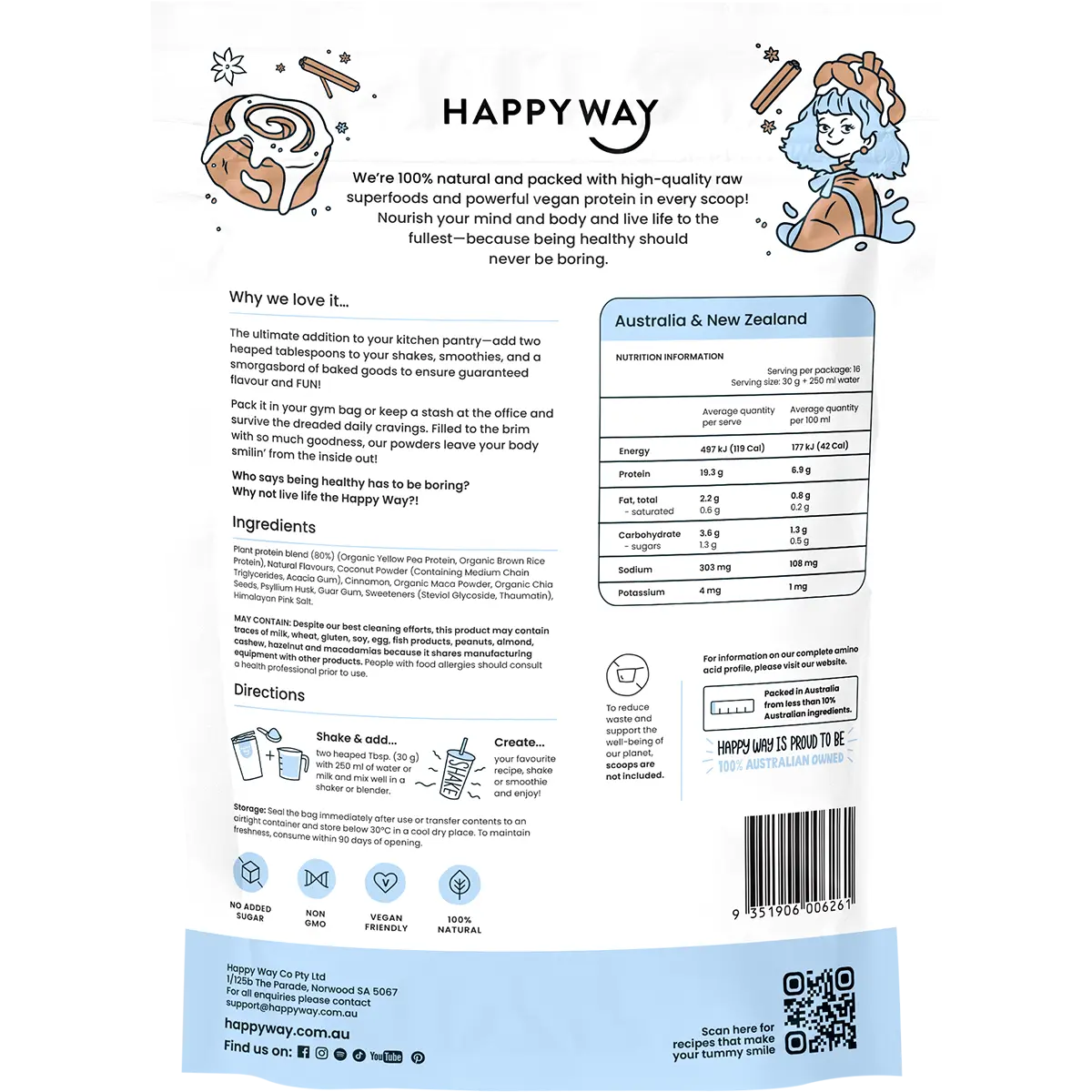 Happy Way Vegan Protein Powder Cinnamon Bun 500g — back pack image (UHP)