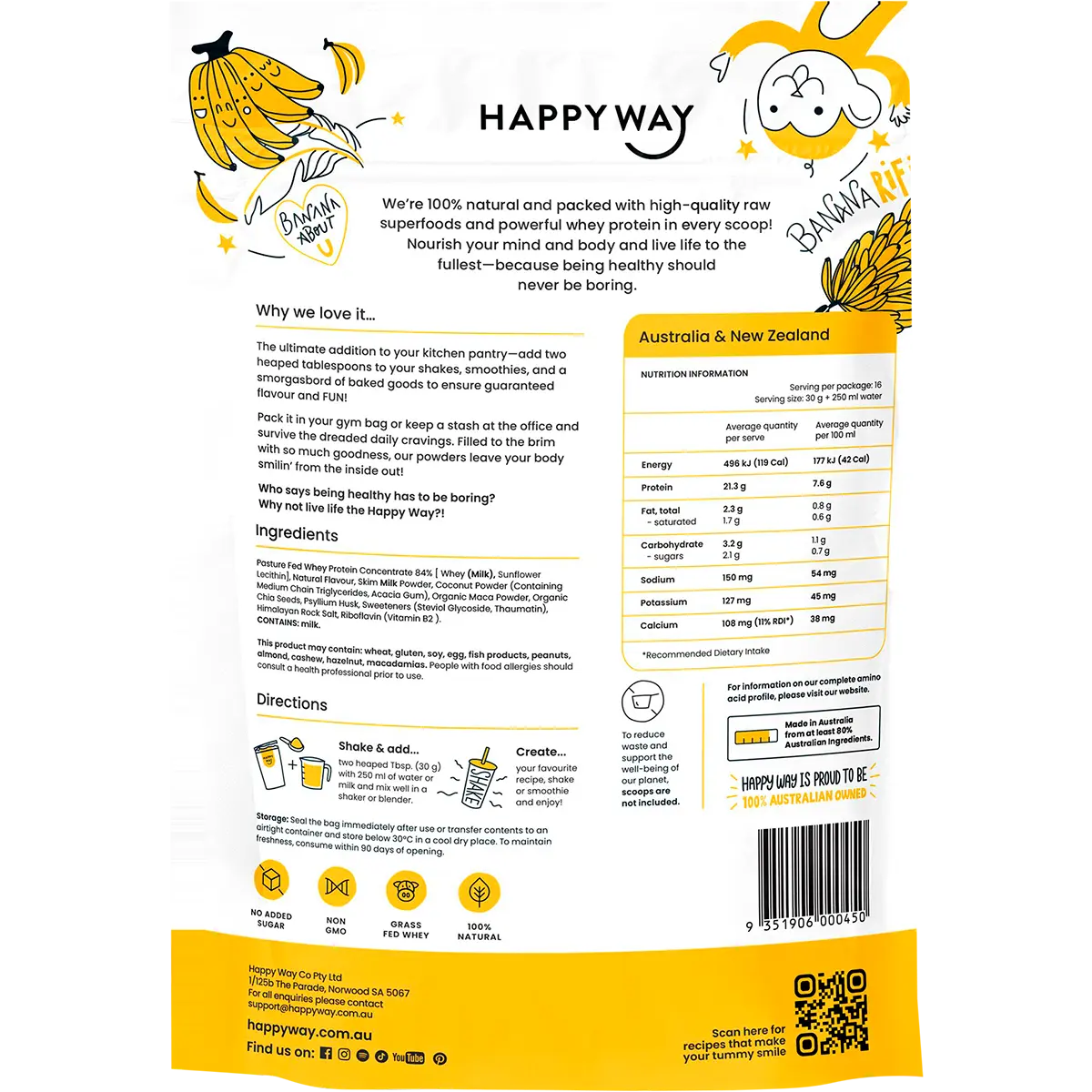 Happy Way Whey Protein Powder Banana — back pack image (UHP)