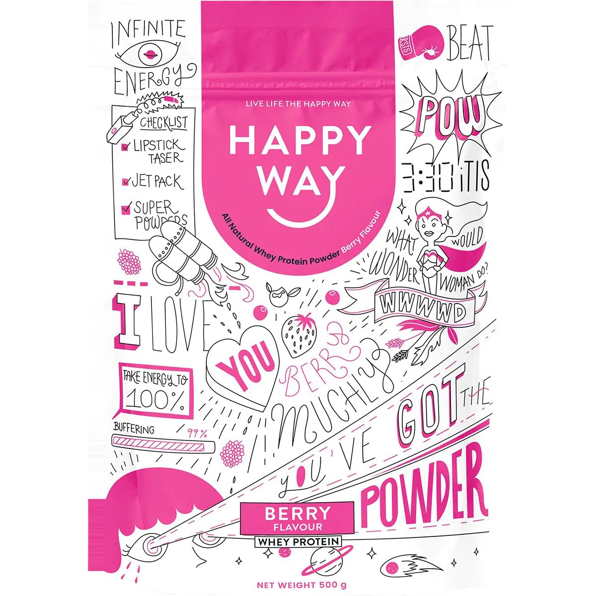 Happy Way Whey Protein Powder Berry 500g — front pack image (UHP)