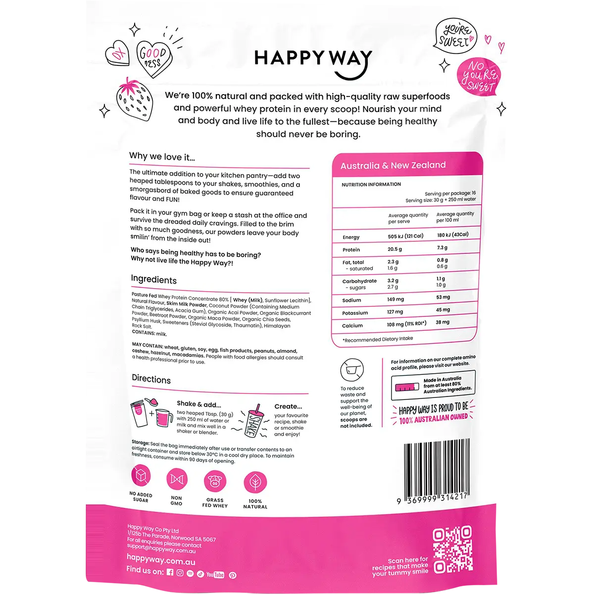Happy Way Whey Protein Powder Berry 500g — back pack image (UHP)