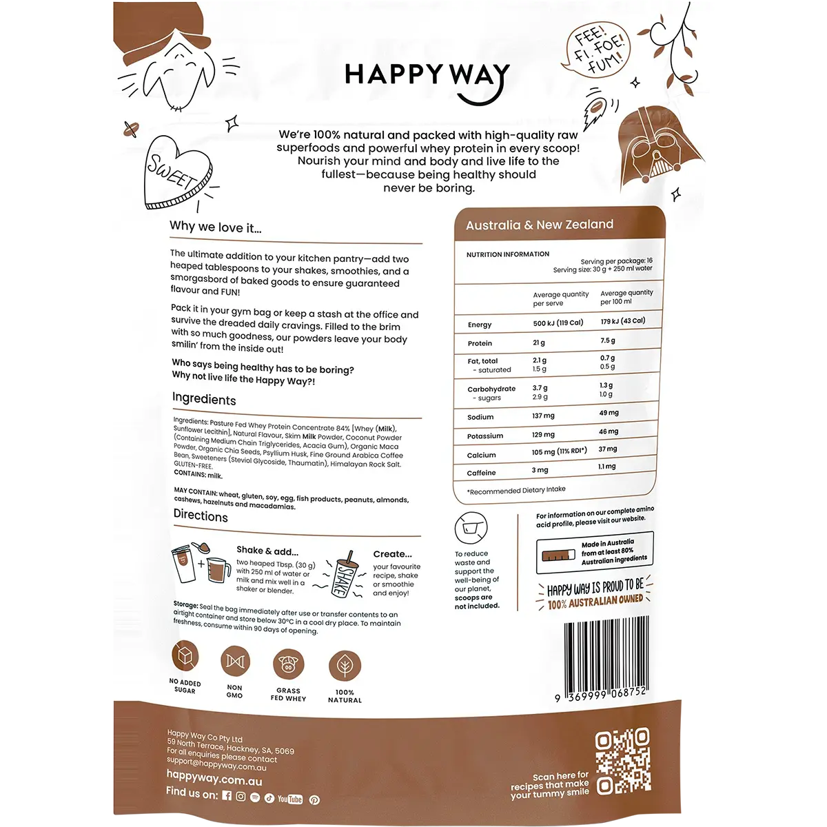 Happy Way Whey Protein Powder Coffee — back pack image (UHP)