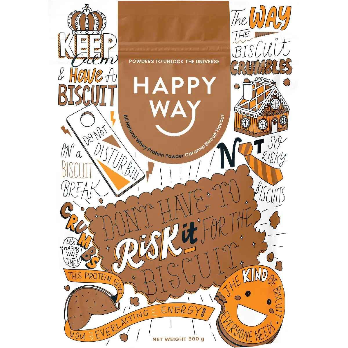 Happy Way Whey Protein Powder Caramel Biscuit 500g — front pack image (UHP)