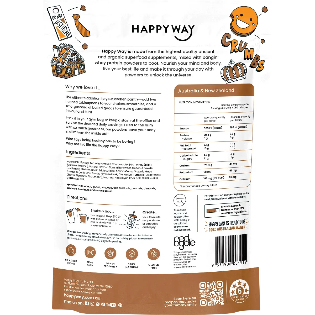 Happy Way Whey Protein Powder Caramel Biscuit 500g — back pack image (UHP)