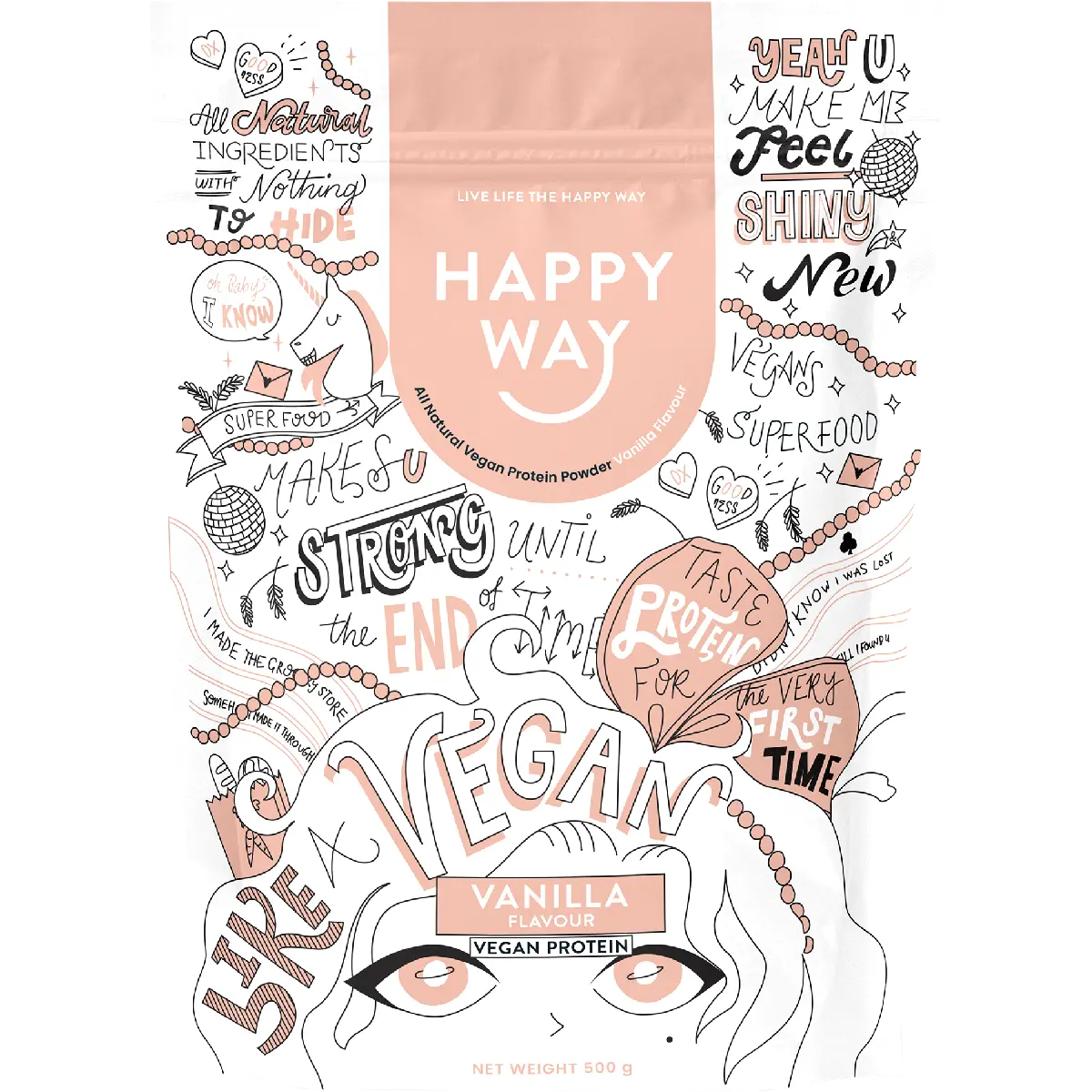 Happy Way Vegan Protein Powder Vanilla — front pack image (UHP)