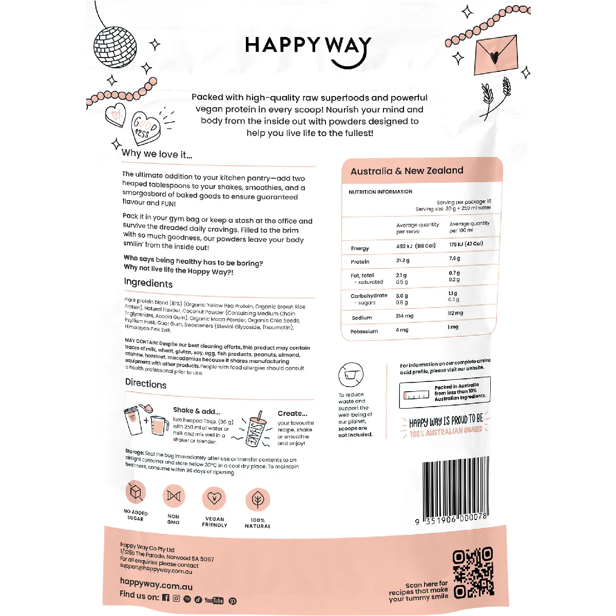 Happy Way Vegan Protein Powder Vanilla — back pack image (UHP)