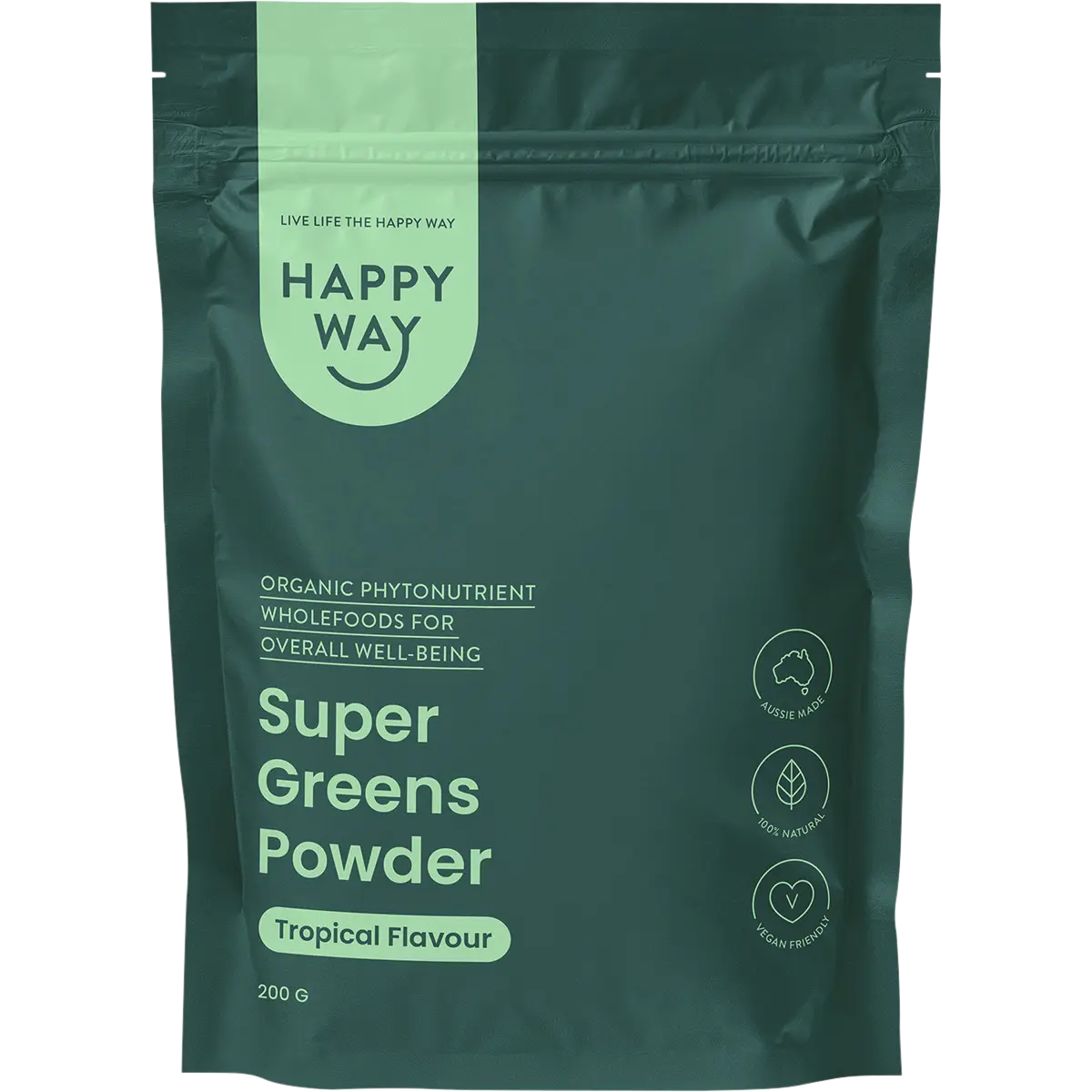 Happy Way Super Greens Powder Tropical 200g — front pack image (UHP)