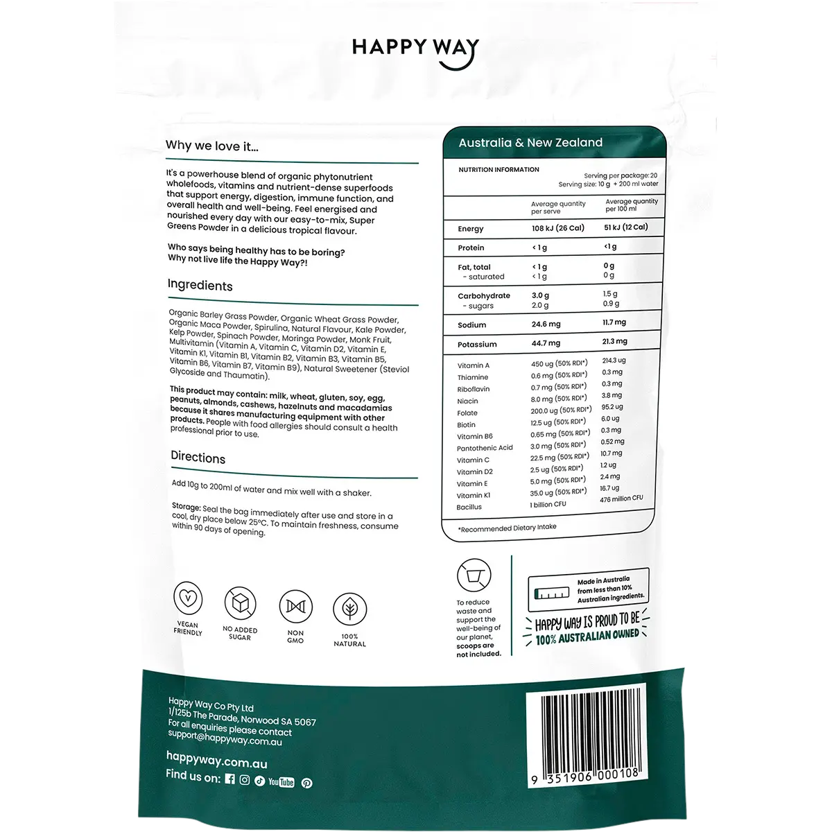 Happy Way Super Greens Powder Tropical 200g — back pack image (UHP)