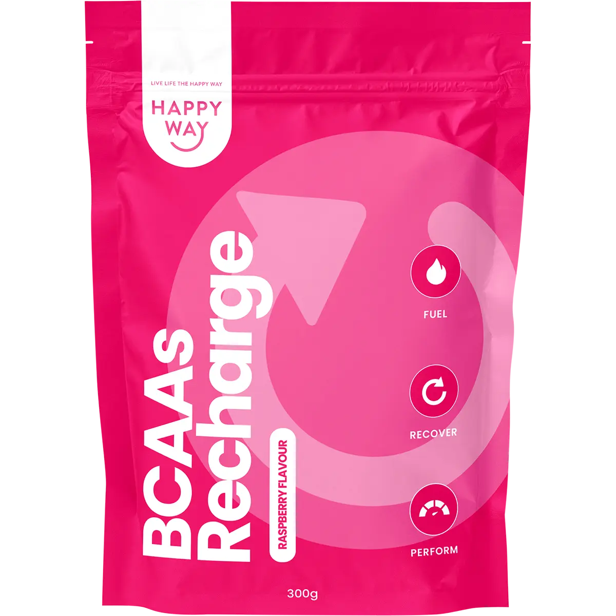 Happy Way BCAA Recharge Raspberry 300g — front pack image (UHP)