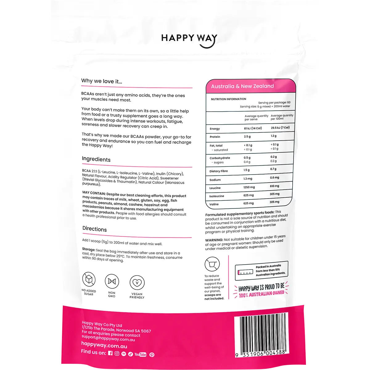 Happy Way BCAA Recharge Raspberry 300g — back pack image (UHP)