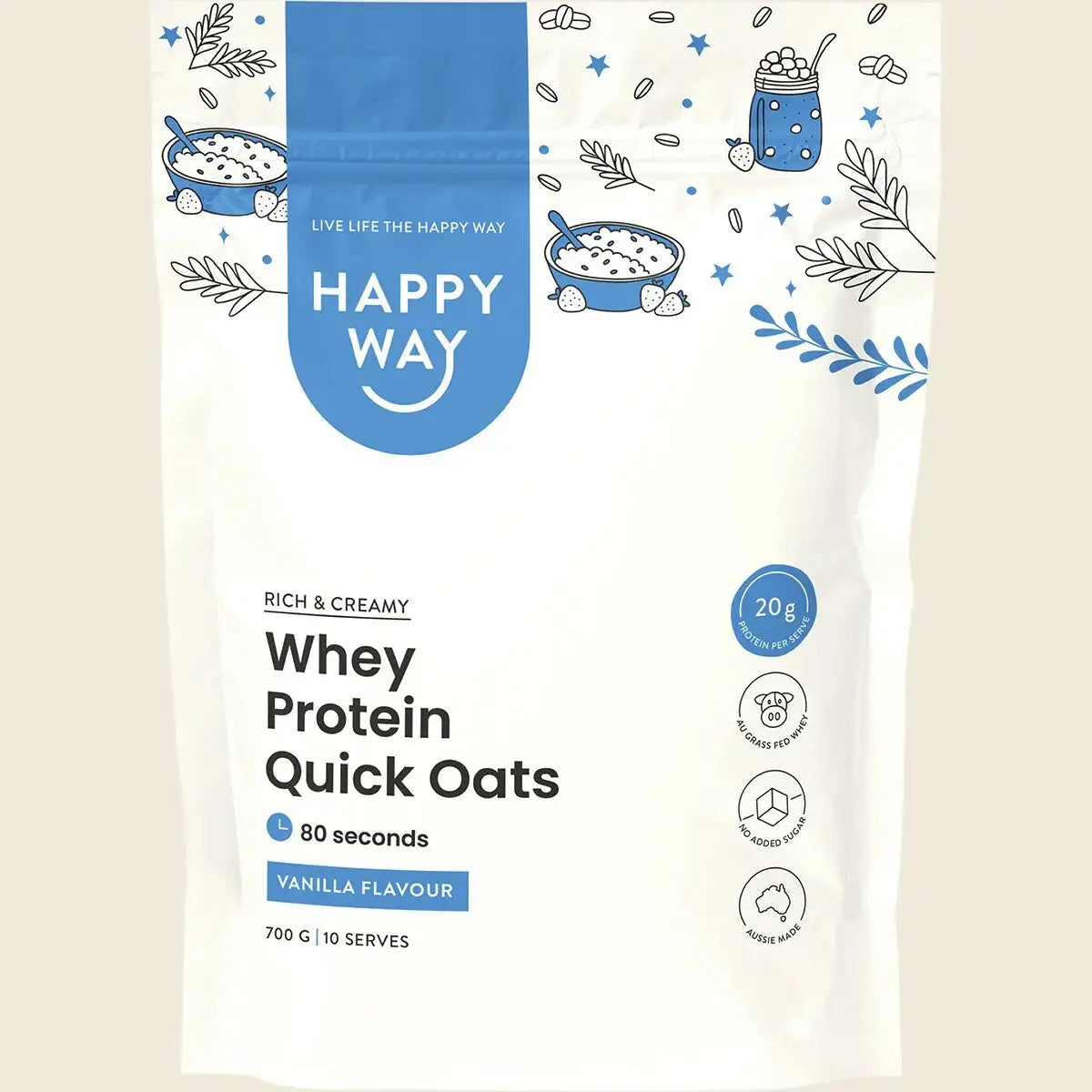 Happy Way Whey Protein Quick Oats Vanilla 700g — front pack image (UHP)