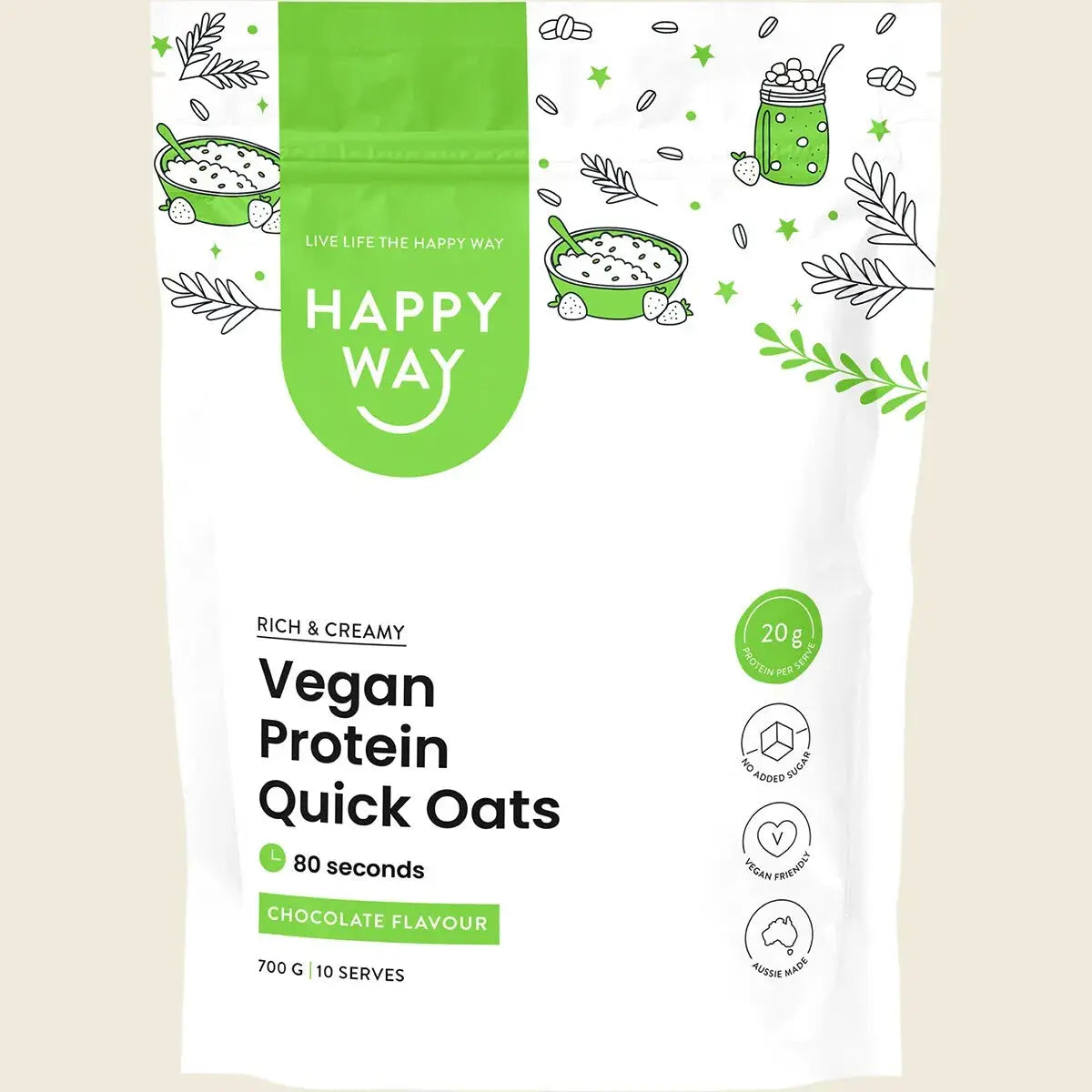 Happy Way Vegan Protein Quick Oats Chocolate 700g — front pack image (UHP)