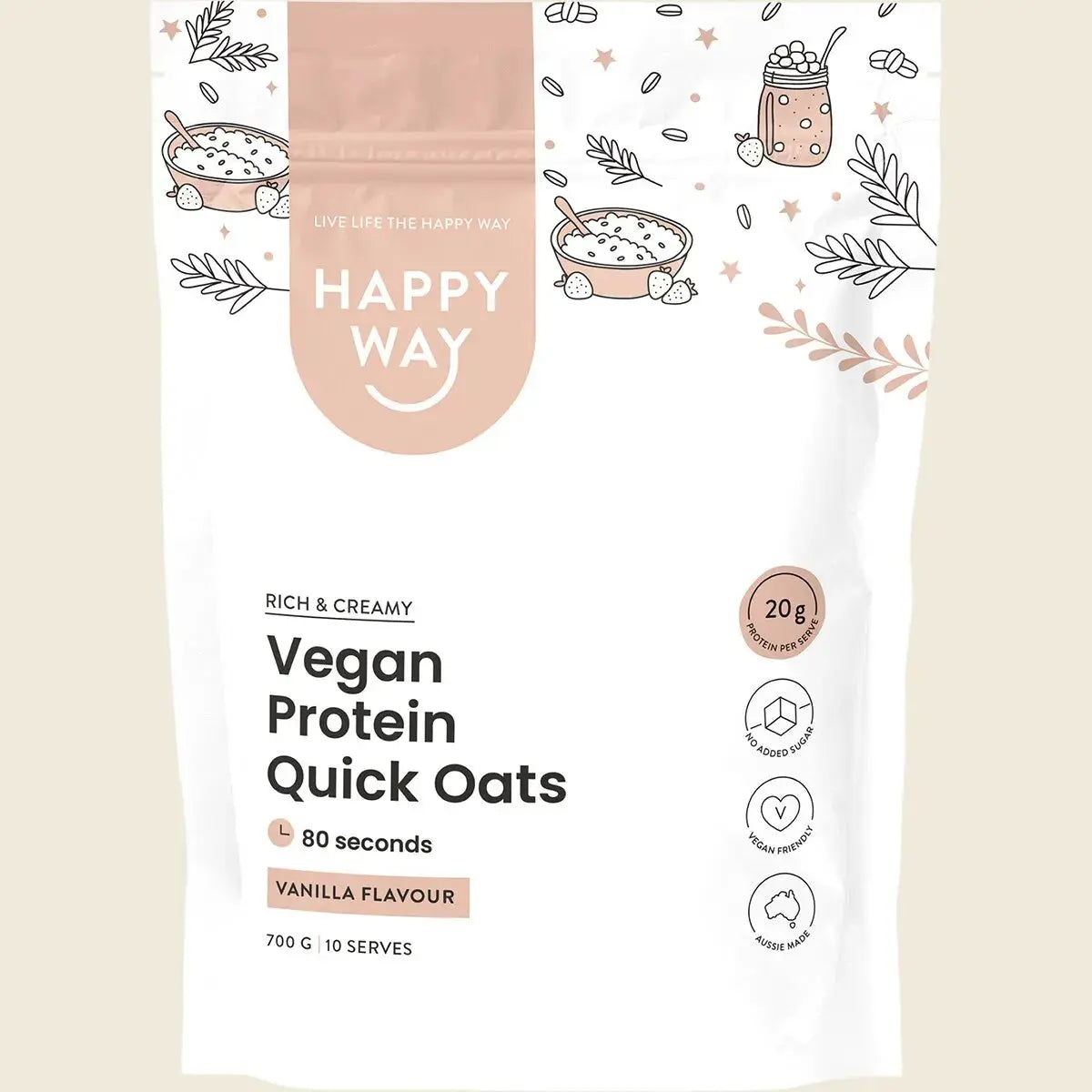 Happy Way Vegan Protein Quick Oats Vanilla 700g — front pack image (UHP)