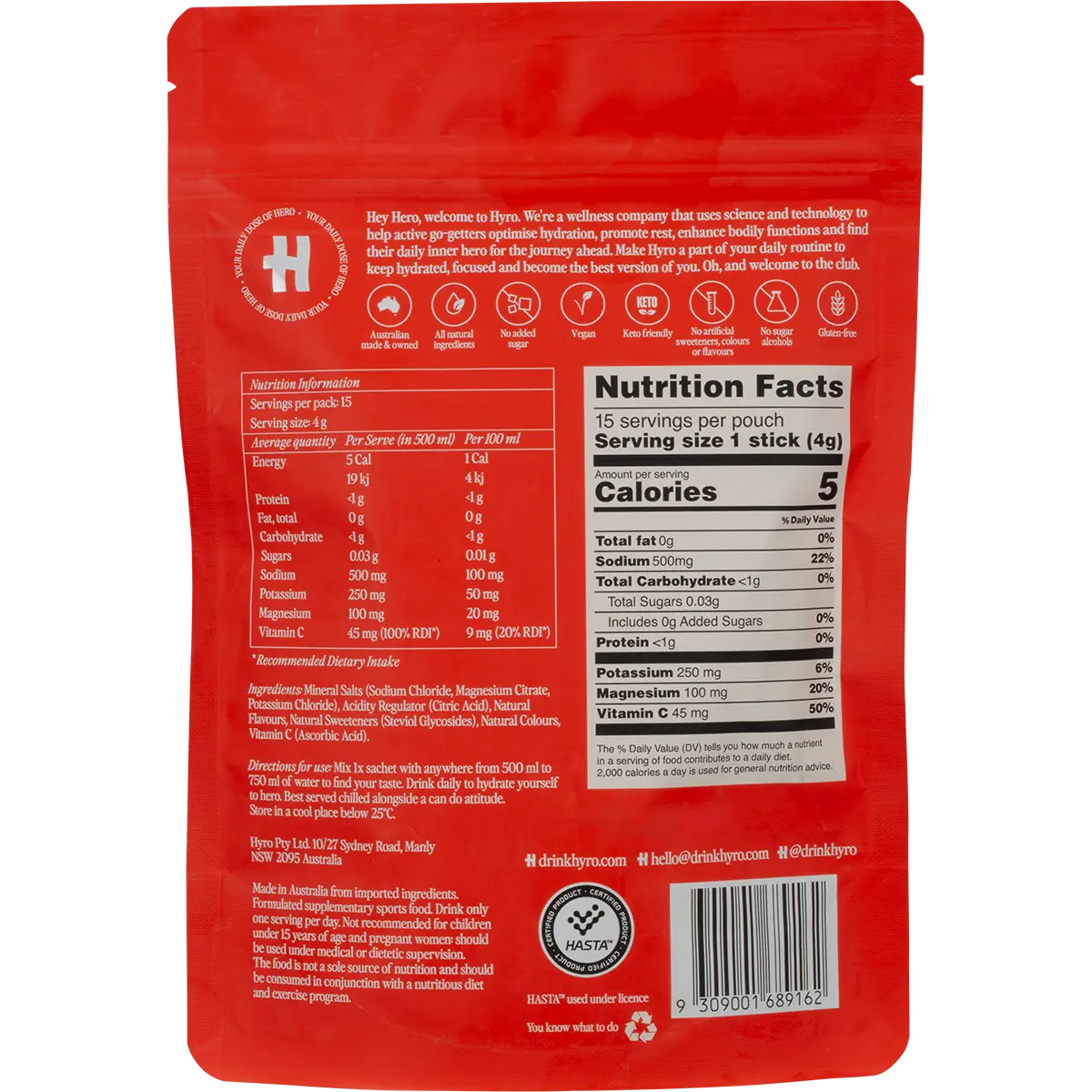 Hyro Electrolyte Sachets Blackcurrant Crush Hasta 15x4g — back pack image (UHP)