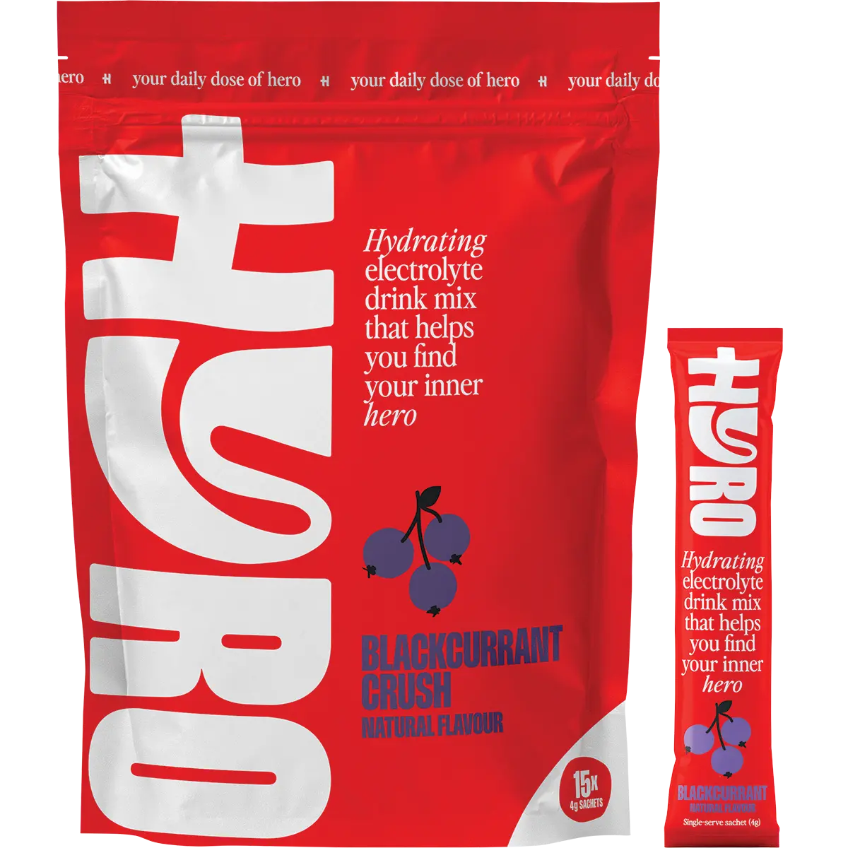 Hyro Electrolyte Sachets Blackcurrant Crush Hasta 15x4g — front pack image (UHP)
