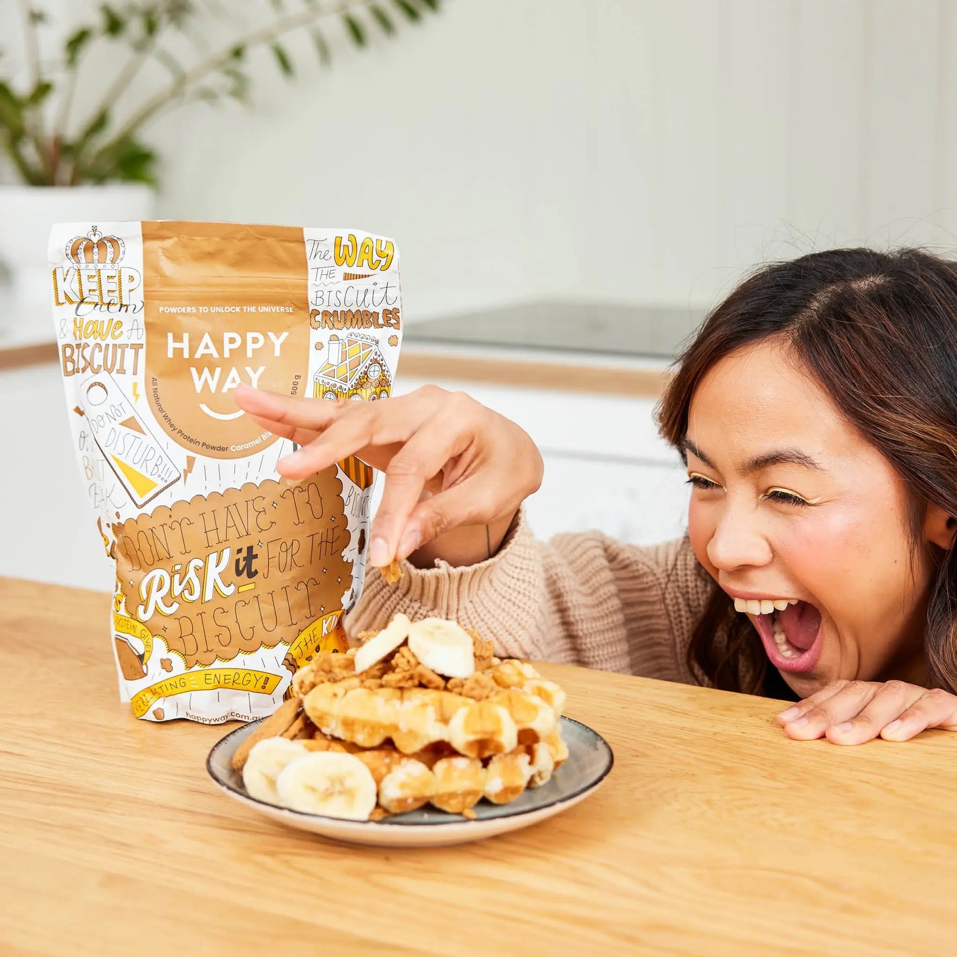 Happy Way Caramel Biscuit Whey Protein Powder lifestyle image