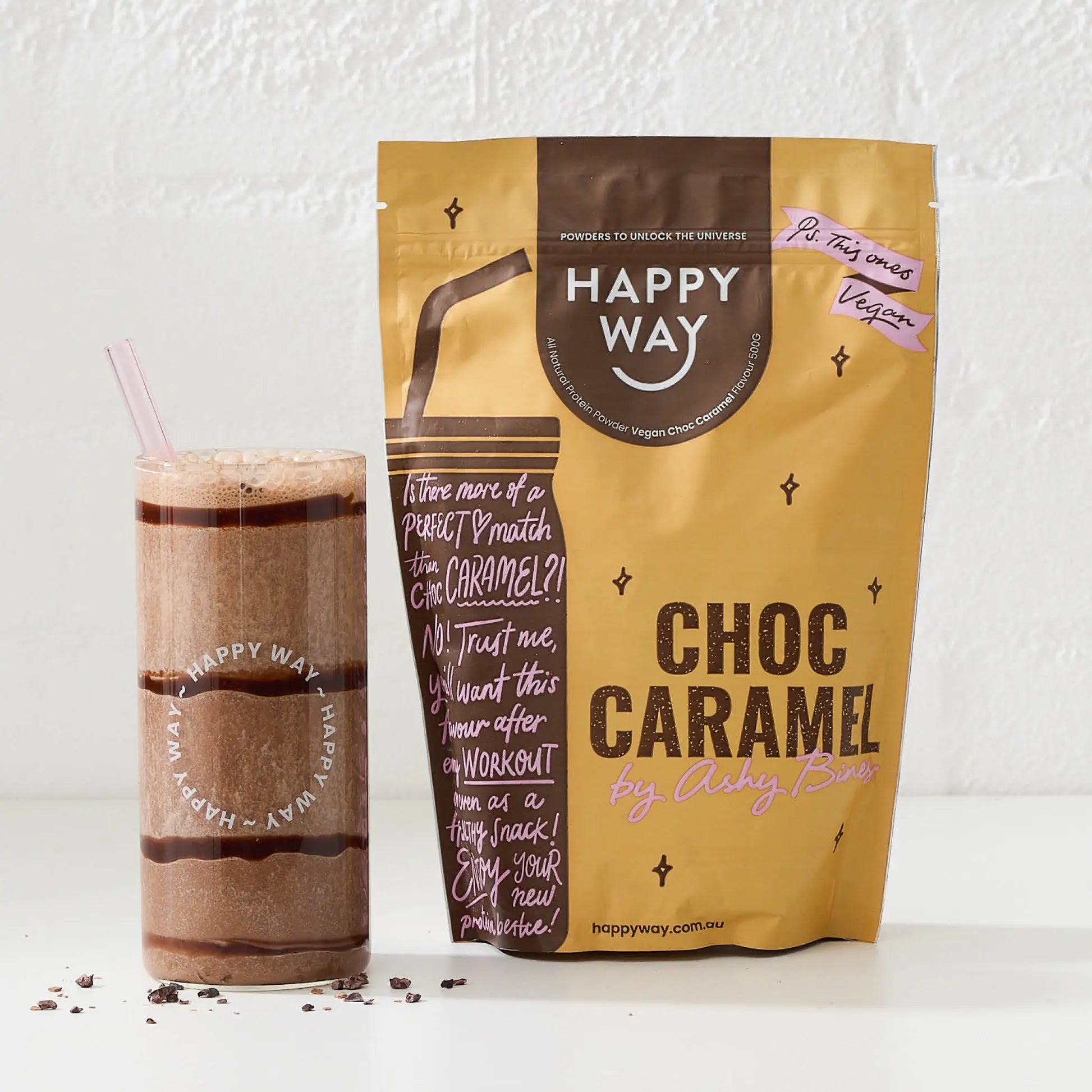 Happy Way Ashy Bines Choc Caramel Vegan Protein lifestyle image