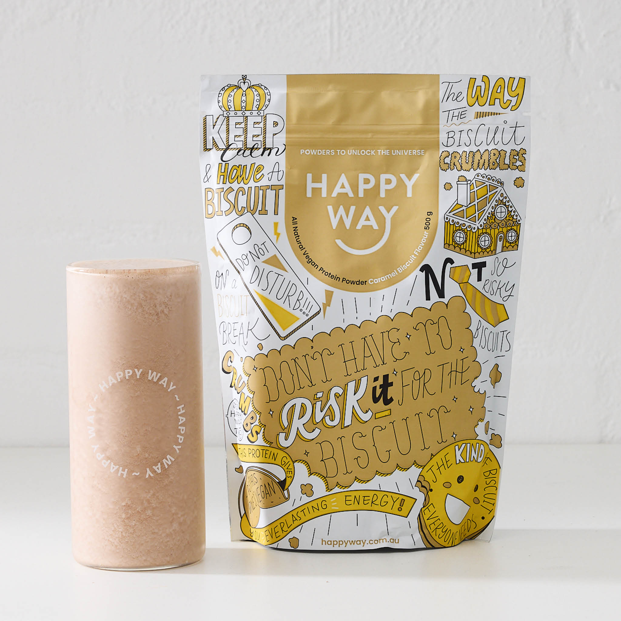 Happy Way Caramel Biscuit Vegan Protein Powder styled product image