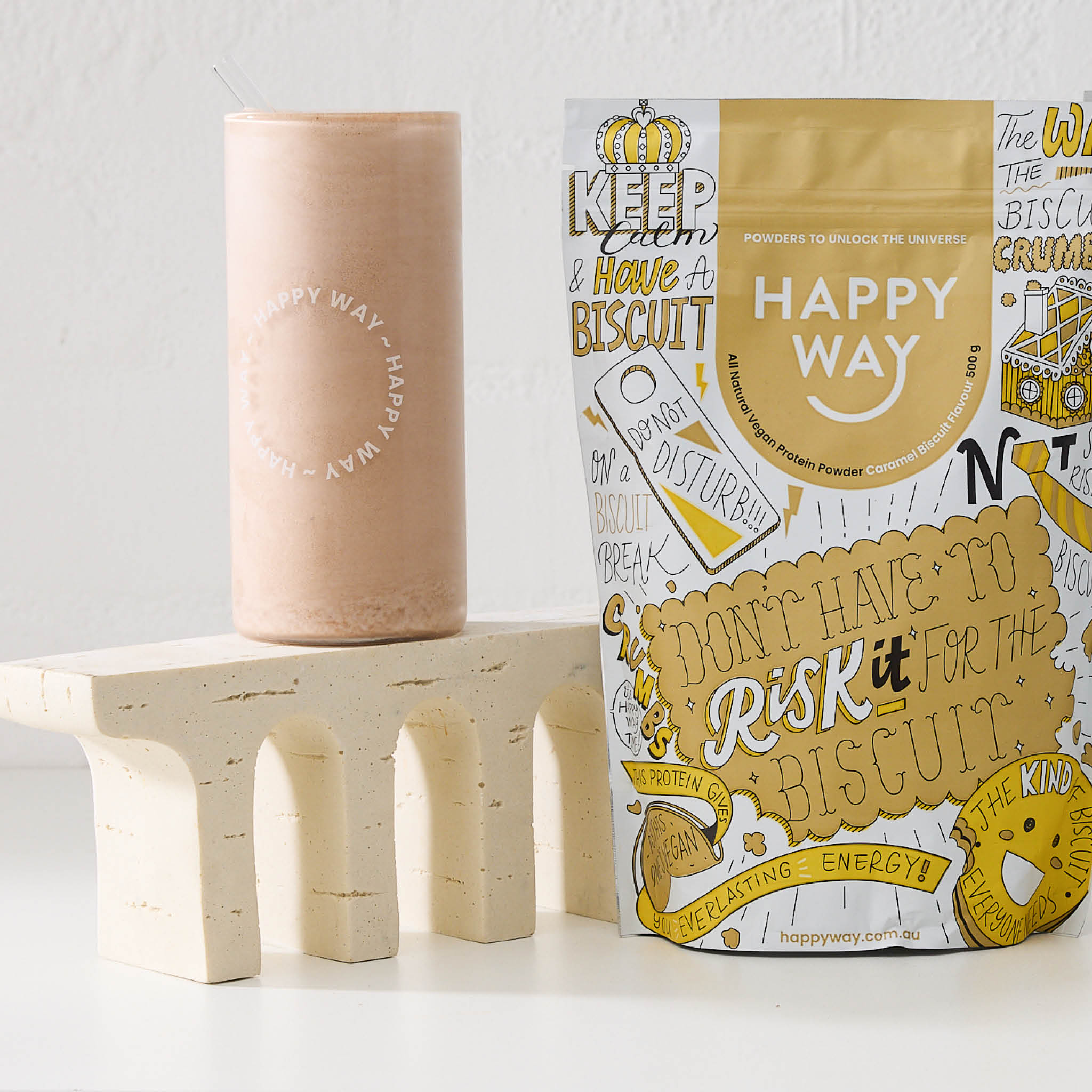 Happy Way Caramel Biscuit Vegan Protein Powder styled lifestyle image