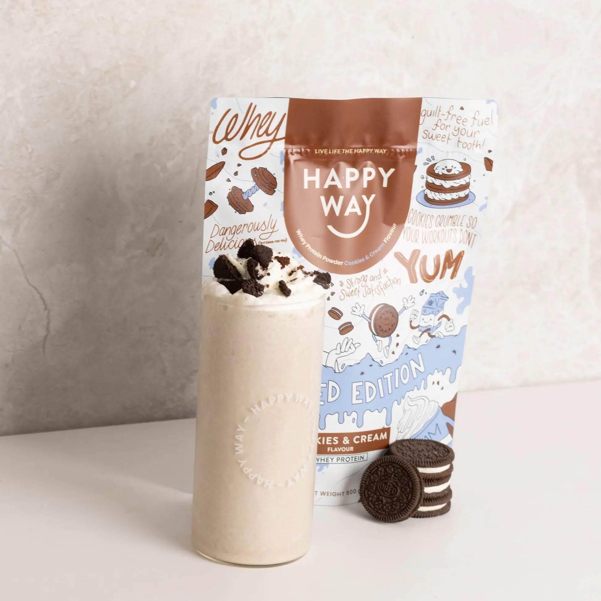 Happy Way Cookies and Cream Whey Protein Powder lifestyle image