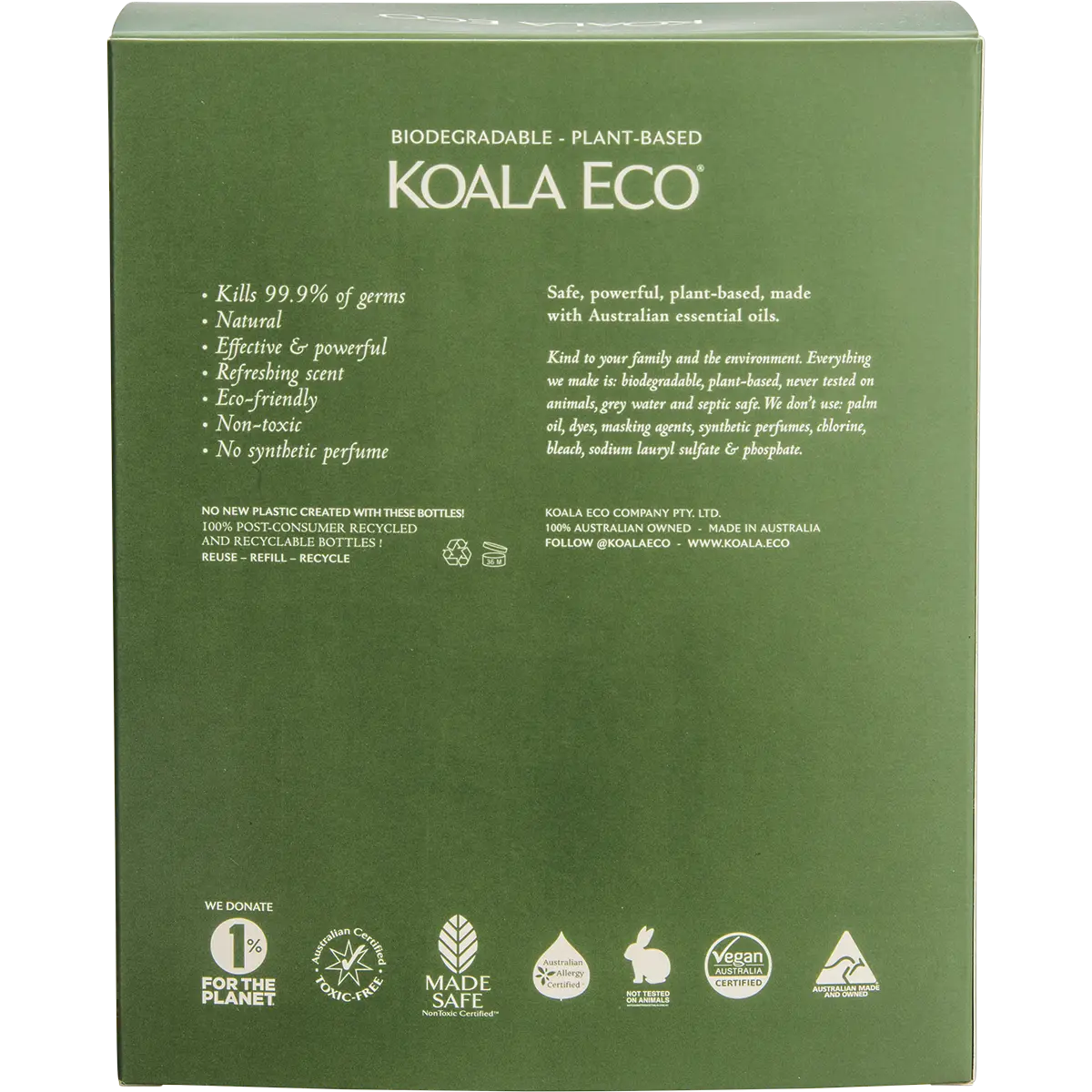 Koala Eco Hand Wash & Body Lotion Gift Pack Lemon Scented, Eucalyptus & Rosemary 2x500ml — back pack image (UHP)
