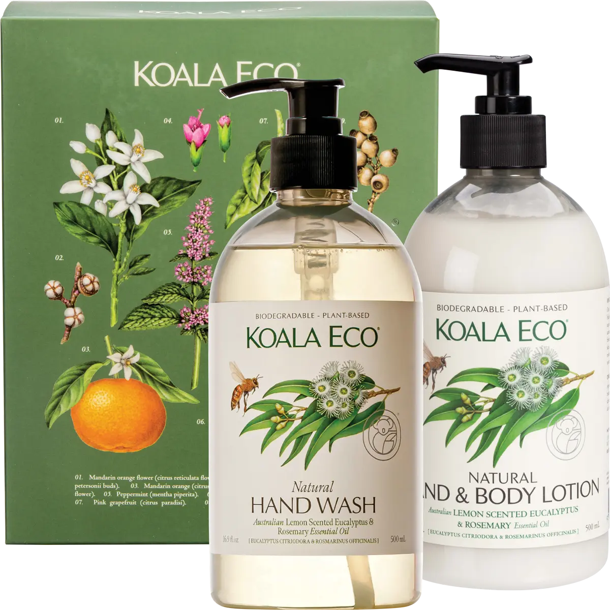 Koala Eco Hand Wash & Body Lotion Gift Pack Lemon Scented, Eucalyptus & Rosemary 2x500ml — front pack image (UHP)