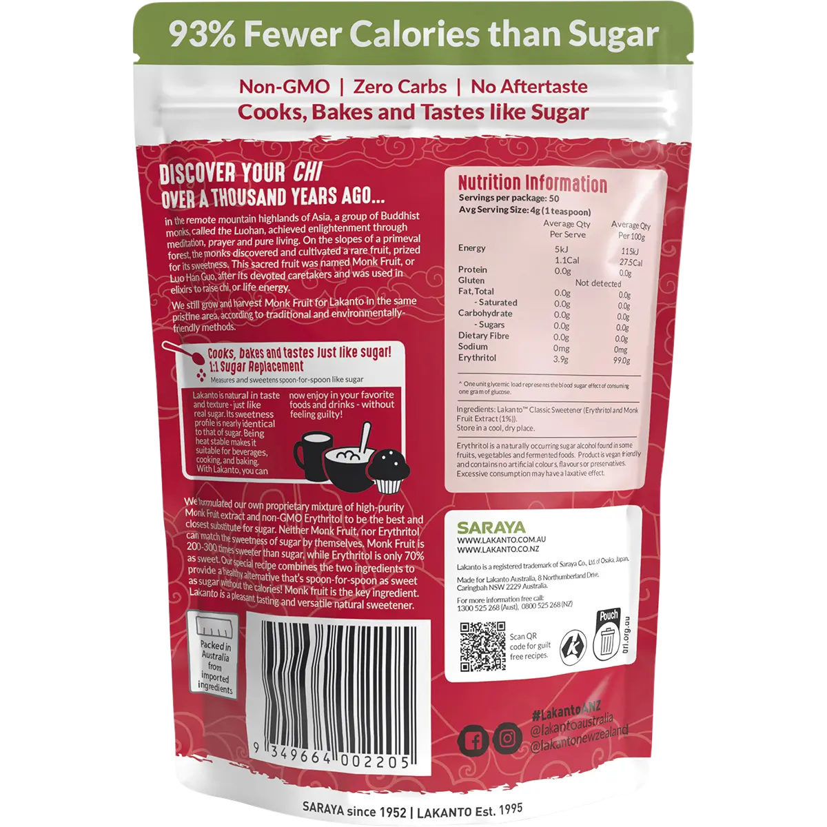 Lakanto Classic Monkfruit 1:1 White Sugar Substitute — back pack image (UHP)