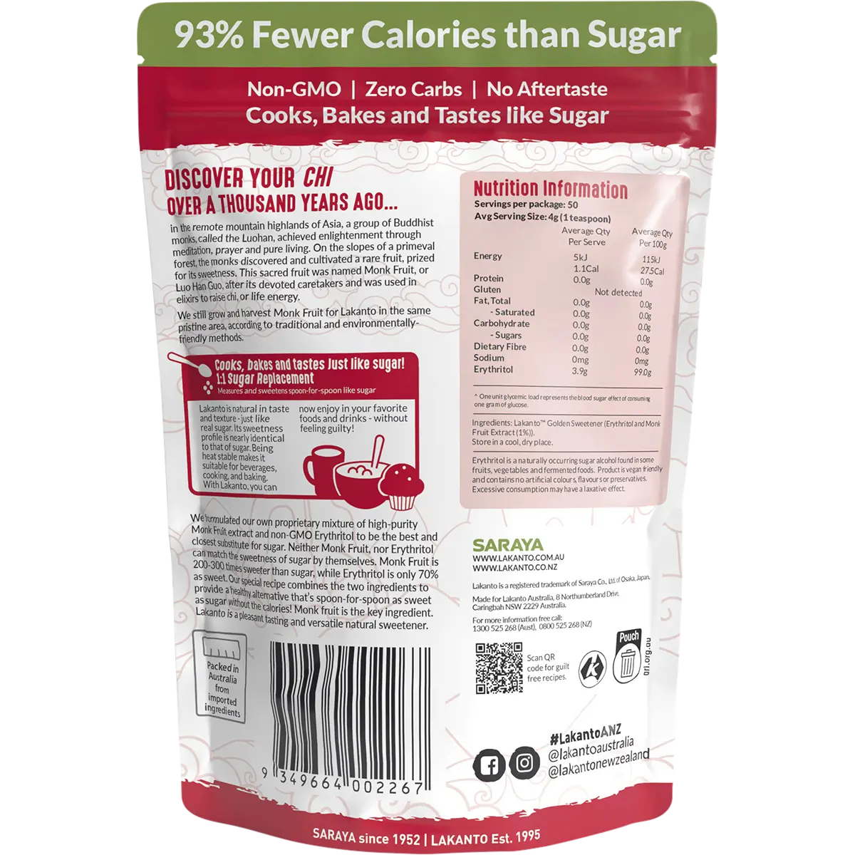 Lakanto Golden Monkfruit 1:1 Raw Sugar Substitute — back pack image (UHP)