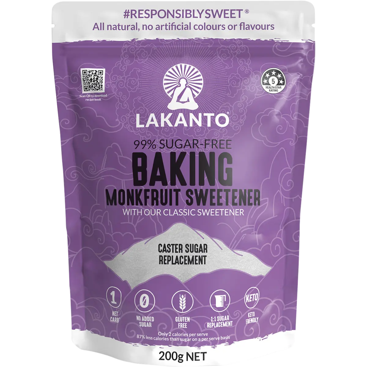 Lakanto Baking Blend Monkfruit Sweetener - Caster Sugar Substitute 200g — front pack image (UHP)