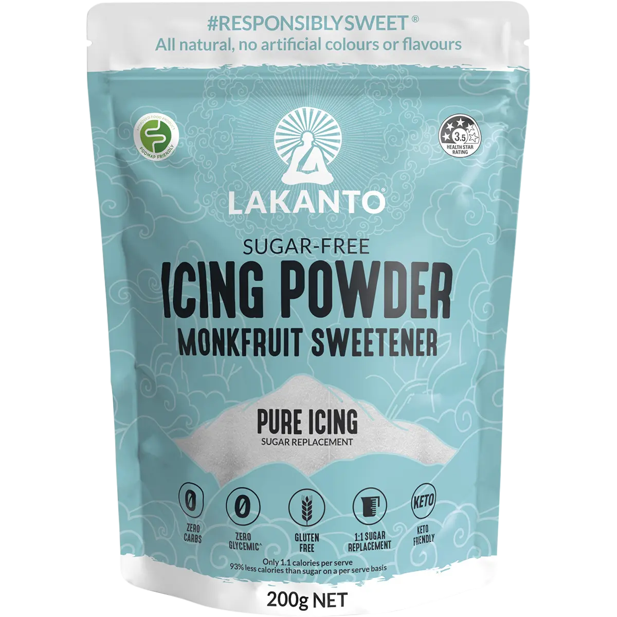 Lakanto Icing Powder Classic Monkfruit Sweetener - Pure Icing Sugar Substitute 200g — front pack image (UHP)