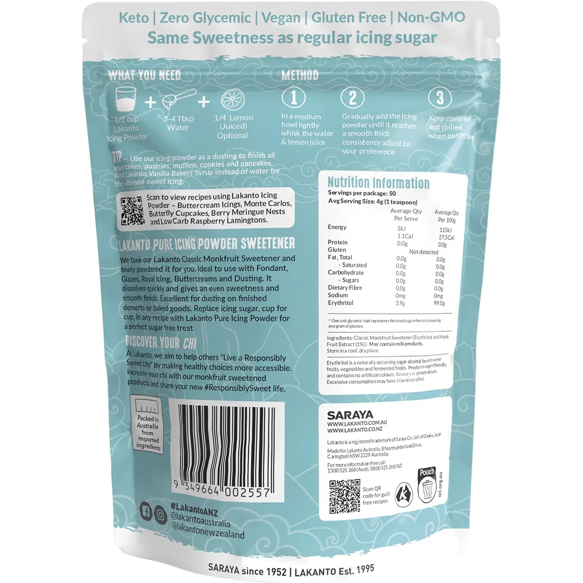 Lakanto Icing Powder Classic Monkfruit Sweetener - Pure Icing Sugar Substitute 200g — back pack image (UHP)