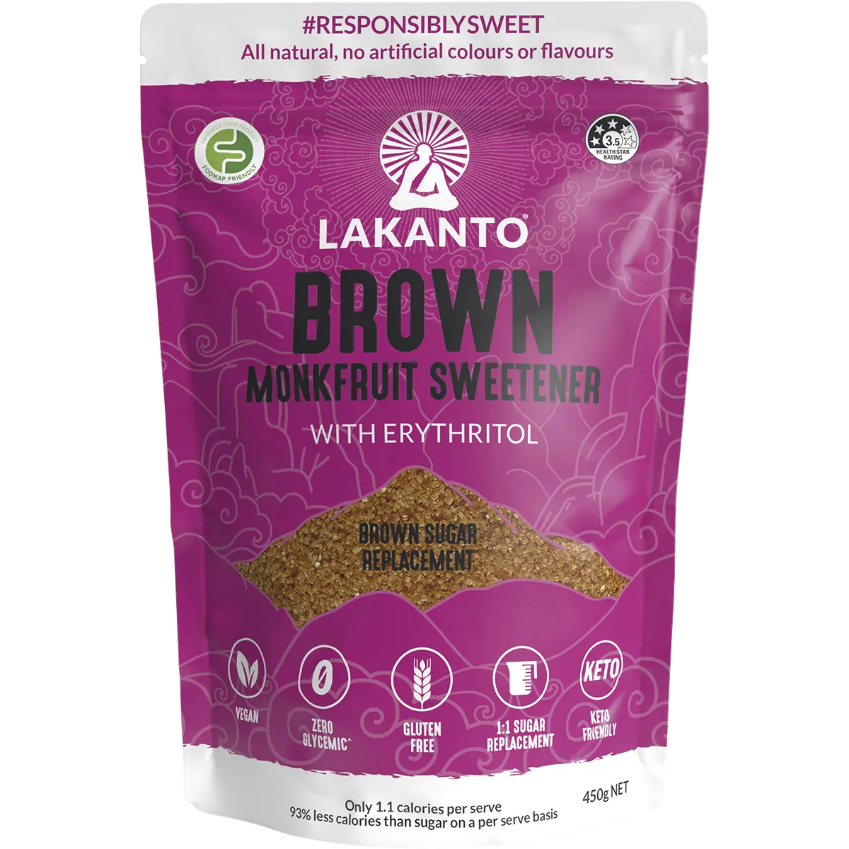 Lakanto Brown Monkfruit Sweetener 1:1 Brown Sugar Substitute — front pack image (UHP)