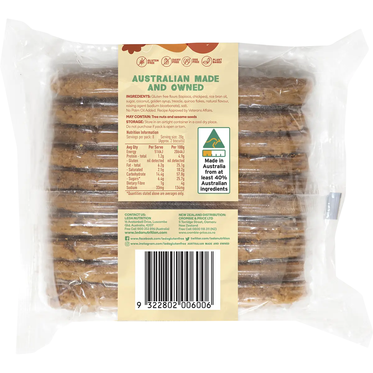 Leda ANZAC Biscuits Bakery Range — back pack image (UHP)