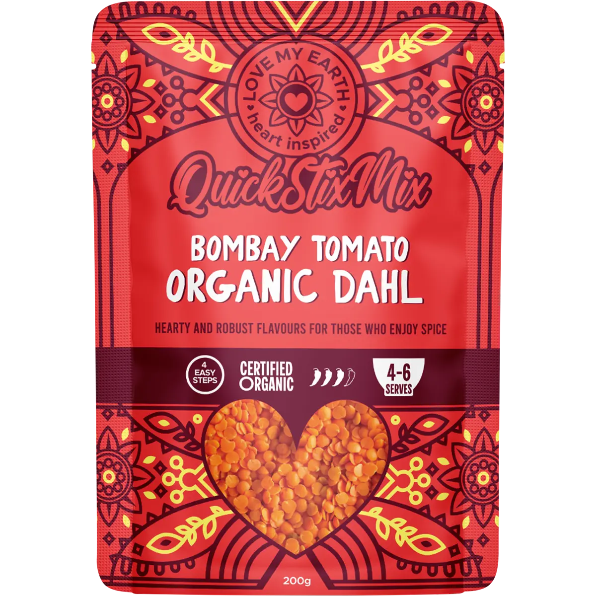 Love My Earth Quick Stix Mix Organic Dahl Bombay Tomato 200g — front pack image (UHP)