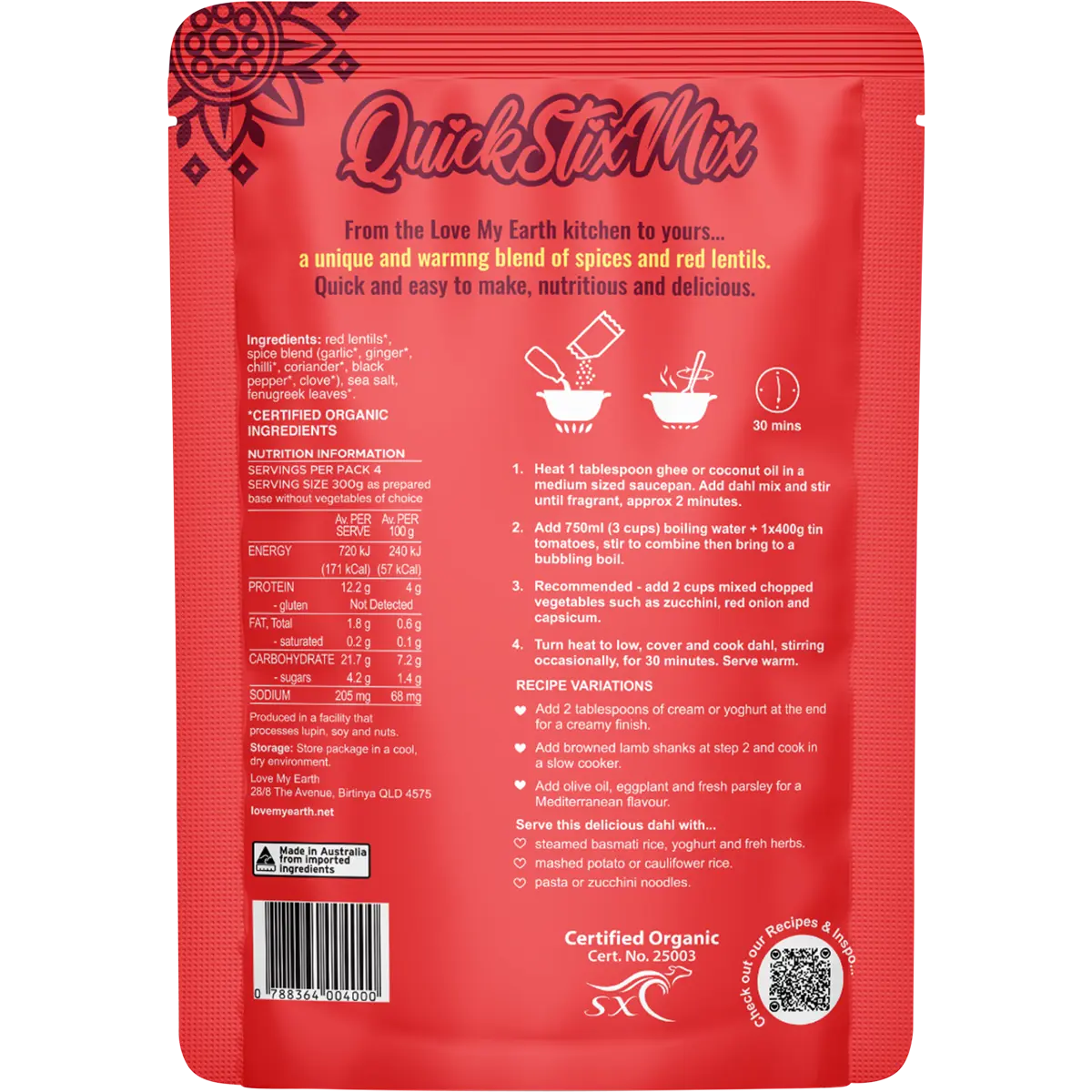 Love My Earth Quick Stix Mix Organic Dahl Bombay Tomato 200g — back pack image (UHP)