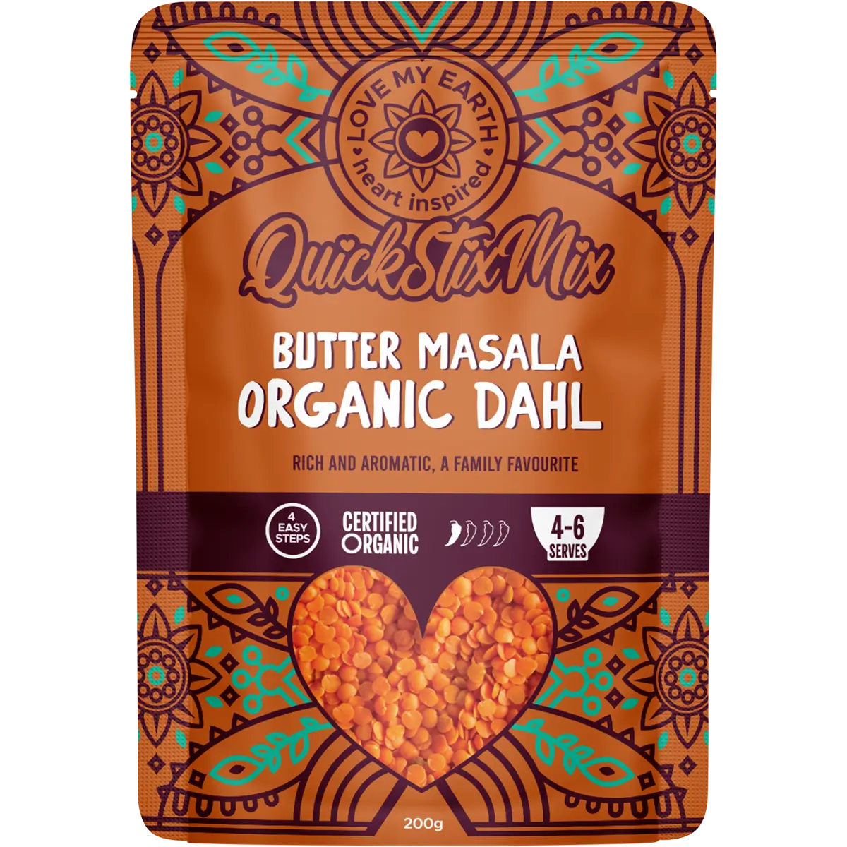 Love My Earth Quick Stix Mix Organic Dahl Butter Masala 200g — front pack image (UHP)