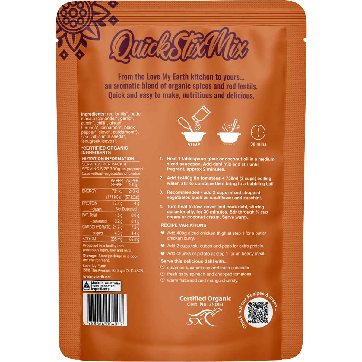 Love My Earth Quick Stix Mix Organic Dahl Butter Masala 200g — back pack image (UHP)