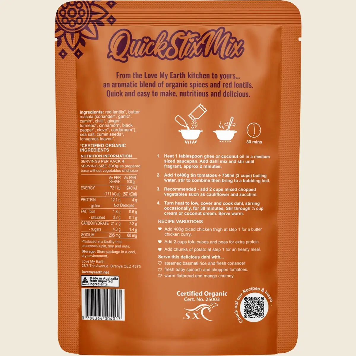 Love My Earth Quick Stix Mix Organic Dahl Butter Masala 200g Love My Earth