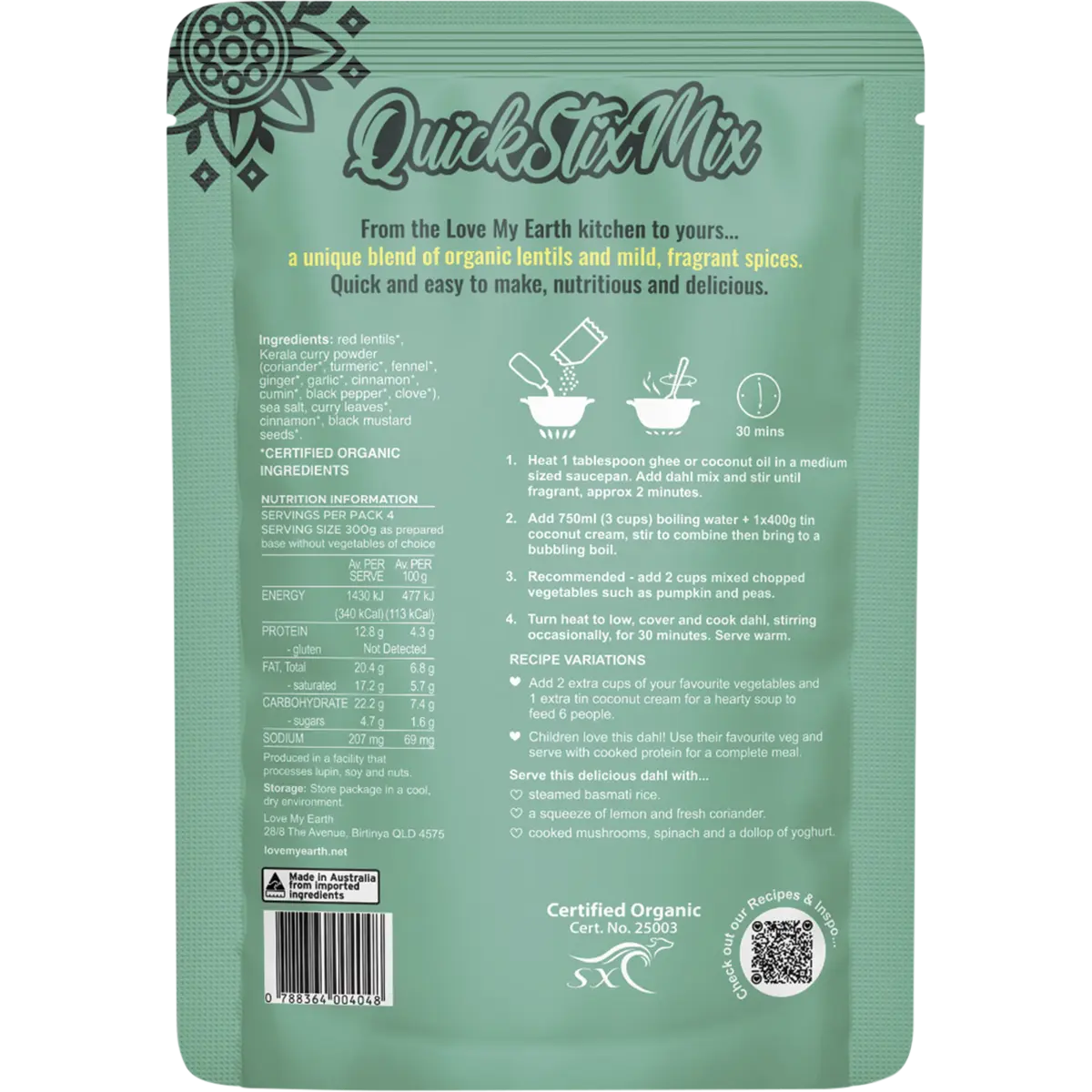 Love My Earth Quick Stix Mix Organic Dahl Creamy Coconut 200g — back pack image (UHP)