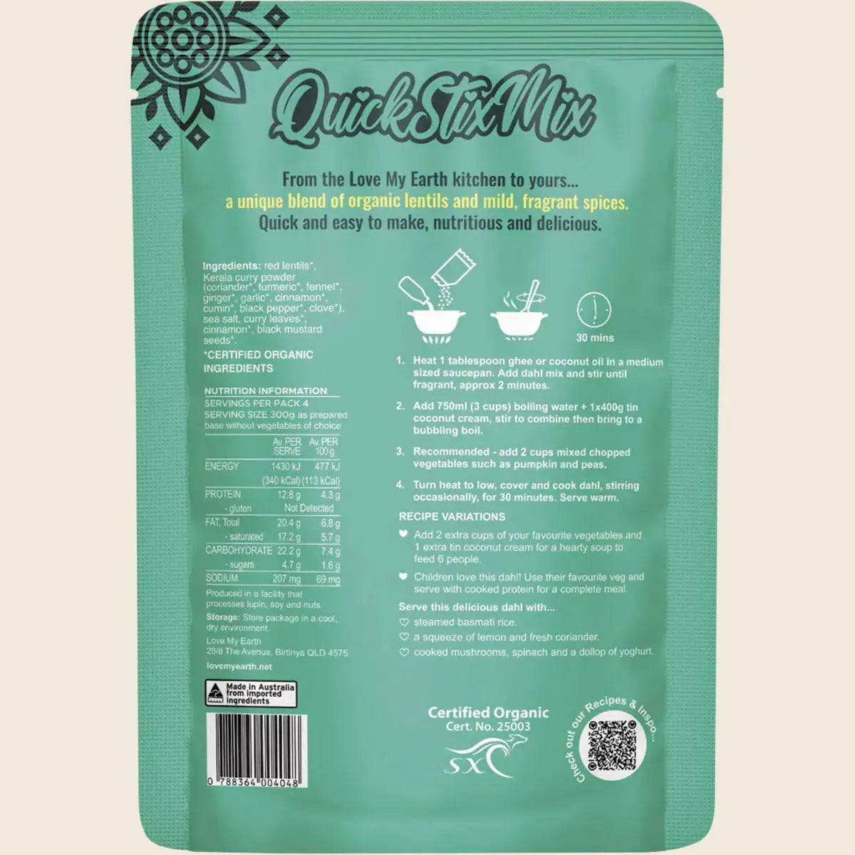 Love My Earth Quick Stix Mix Organic Dahl Creamy Coconut 200g Love My Earth