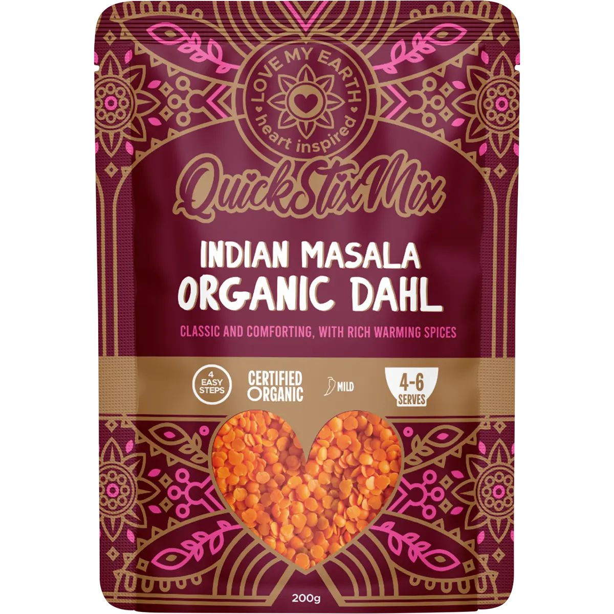 Love My Earth Quick Stix Mix Organic Dahl Indian Masala 200g — front pack image (UHP)