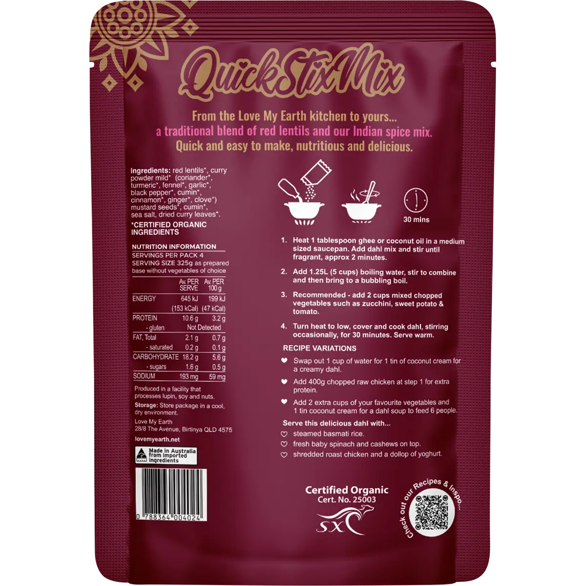 Love My Earth Quick Stix Mix Organic Dahl Indian Masala 200g — back pack image (UHP)