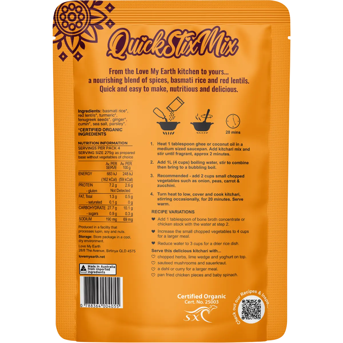 Love My Earth Quick Stix Mix Organic Turmeric Kitchari 200g — back pack image (UHP)