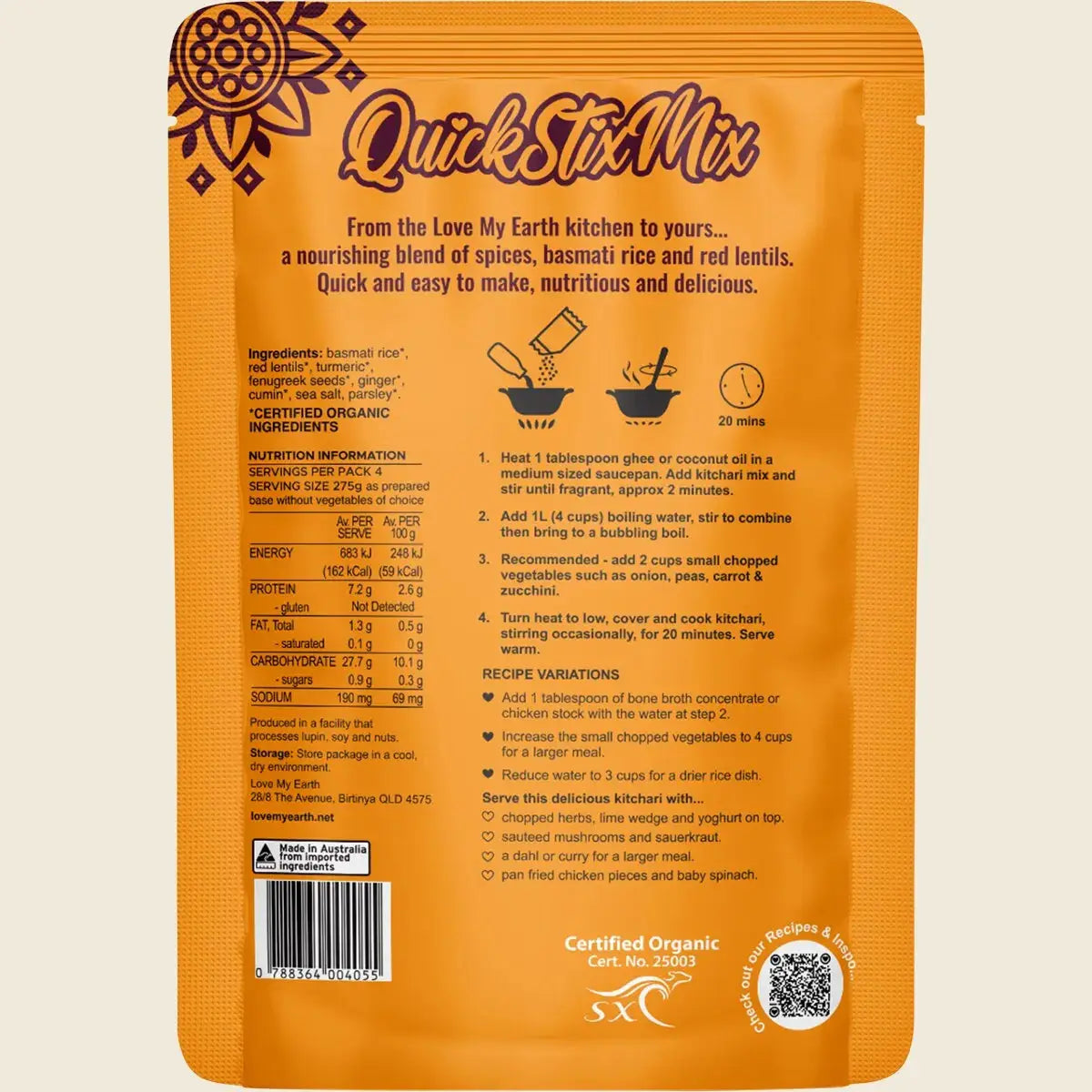 Love My Earth Quick Stix Mix Organic Turmeric Kitchari 200g Love My Earth