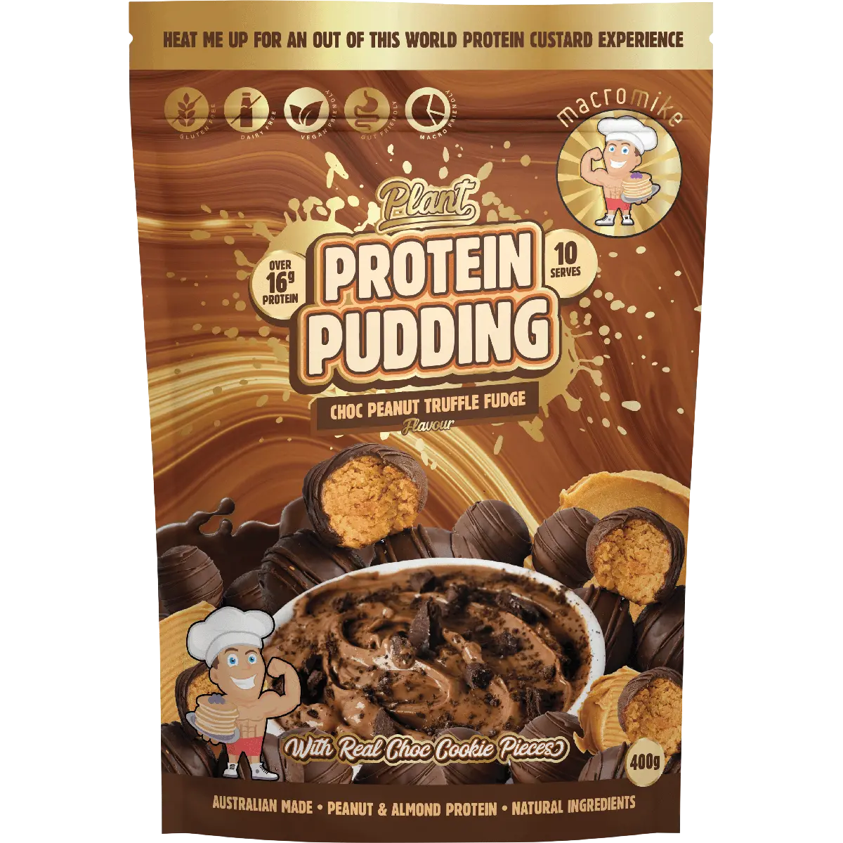 Macro Mike Plant Protein Pudding Choc Peanut Truffle Fudge 400g — front pack image (UHP)