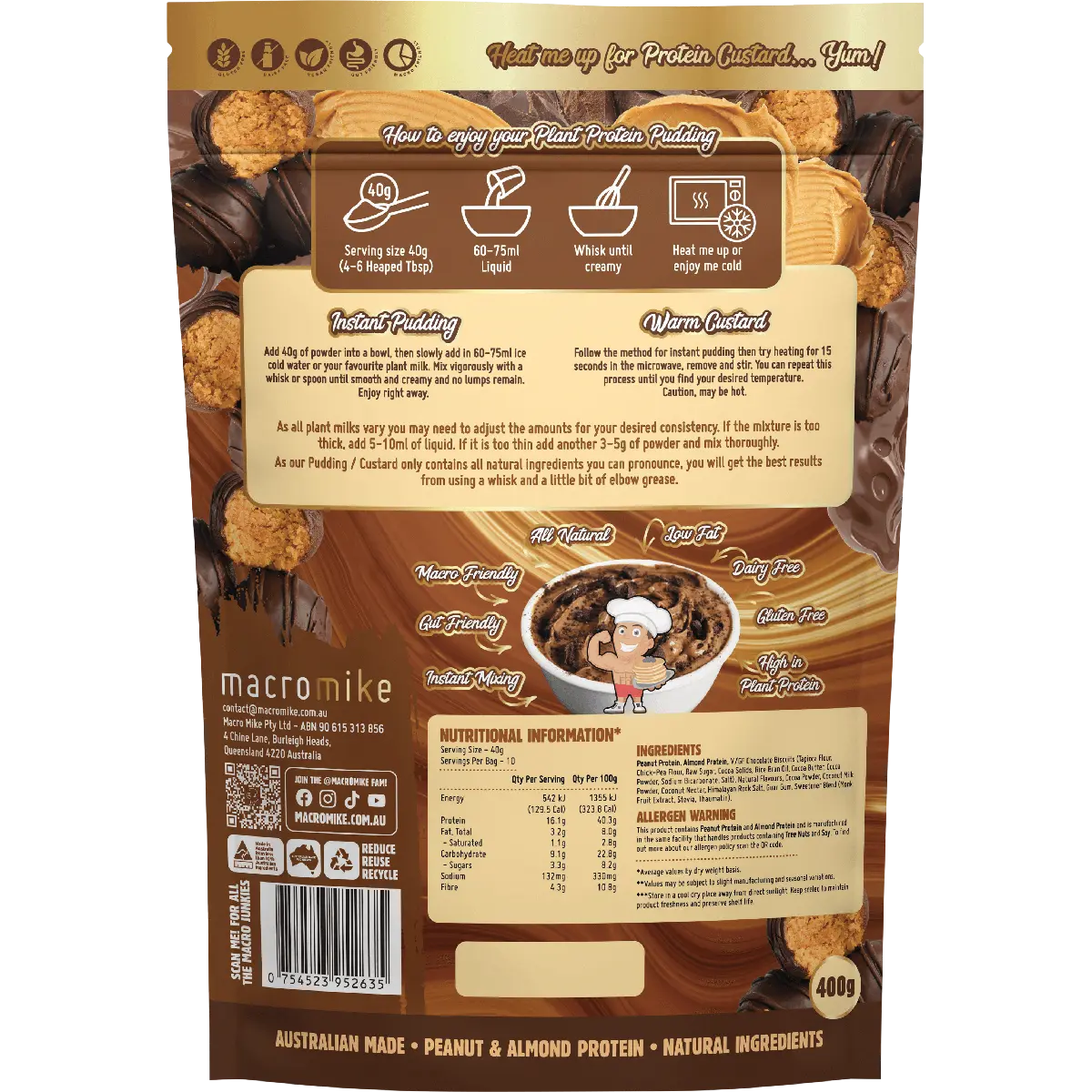 Macro Mike Plant Protein Pudding Choc Peanut Truffle Fudge 400g — back pack image (UHP)