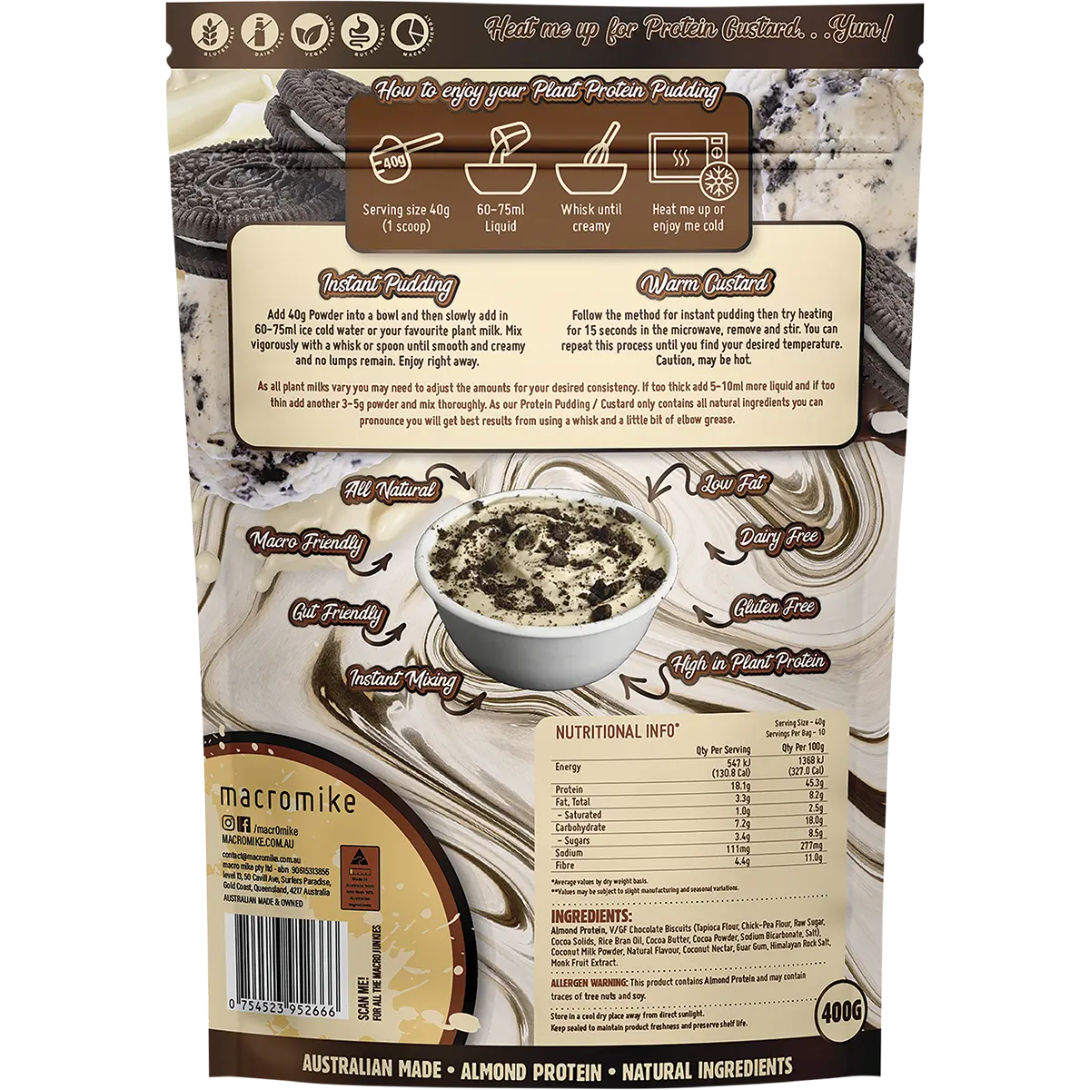 Macro Mike Plant Protein Pudding Cookies & Cream 400g — back pack image (UHP)