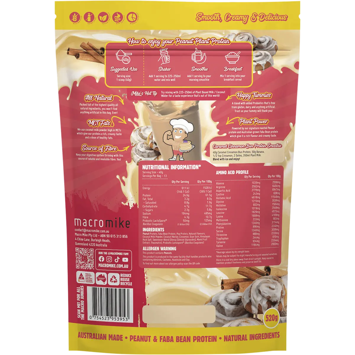 Macro Mike Peanut Plant Protein Caramel Cinnamon Bun — back pack image (UHP)